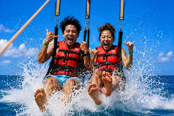 Two people in red life jackets parasailing over ocean, smiling widely.